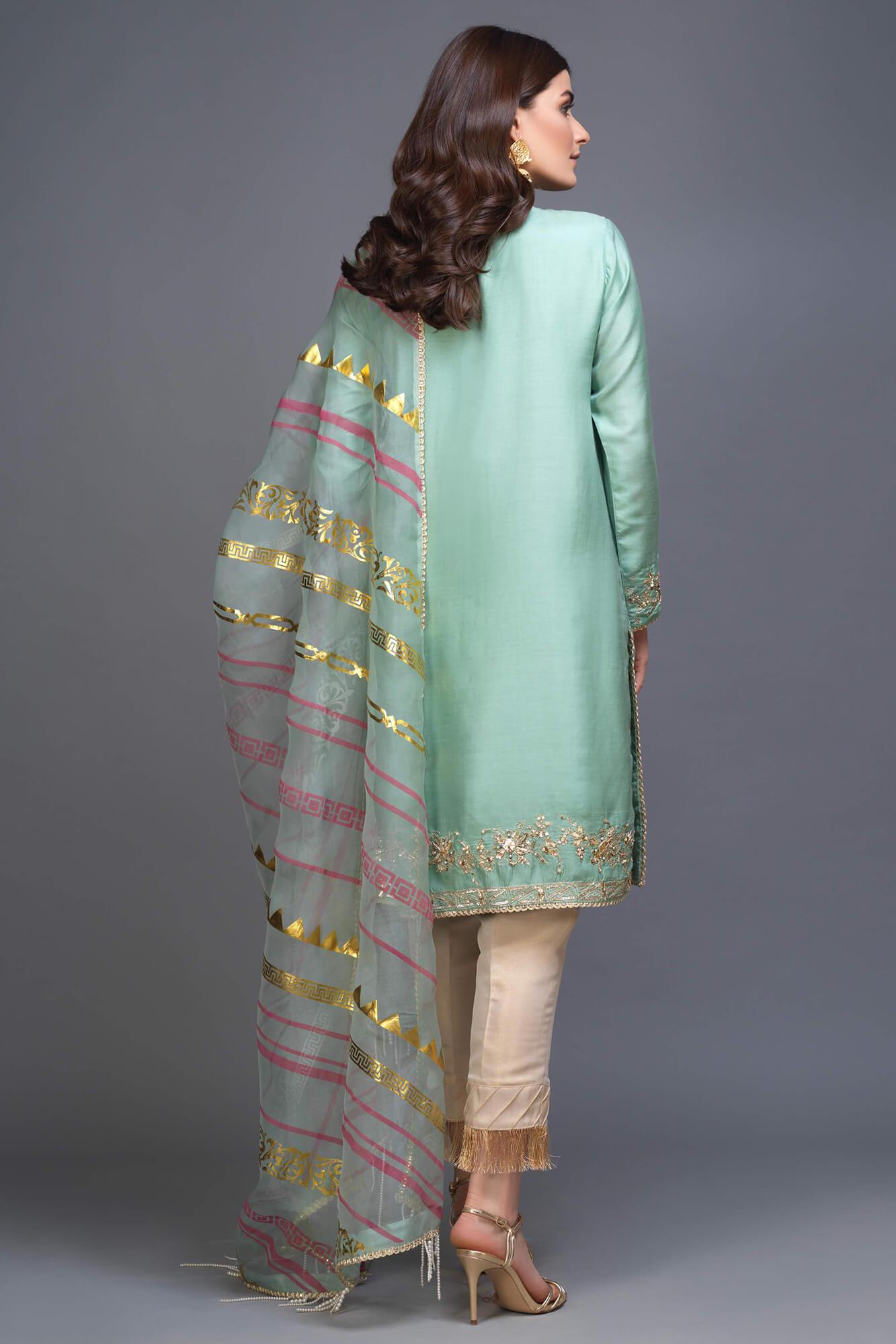 Mint Green Hand Embellished PK Raw Silk Salwar Kameez (3-Piece) - Image 3