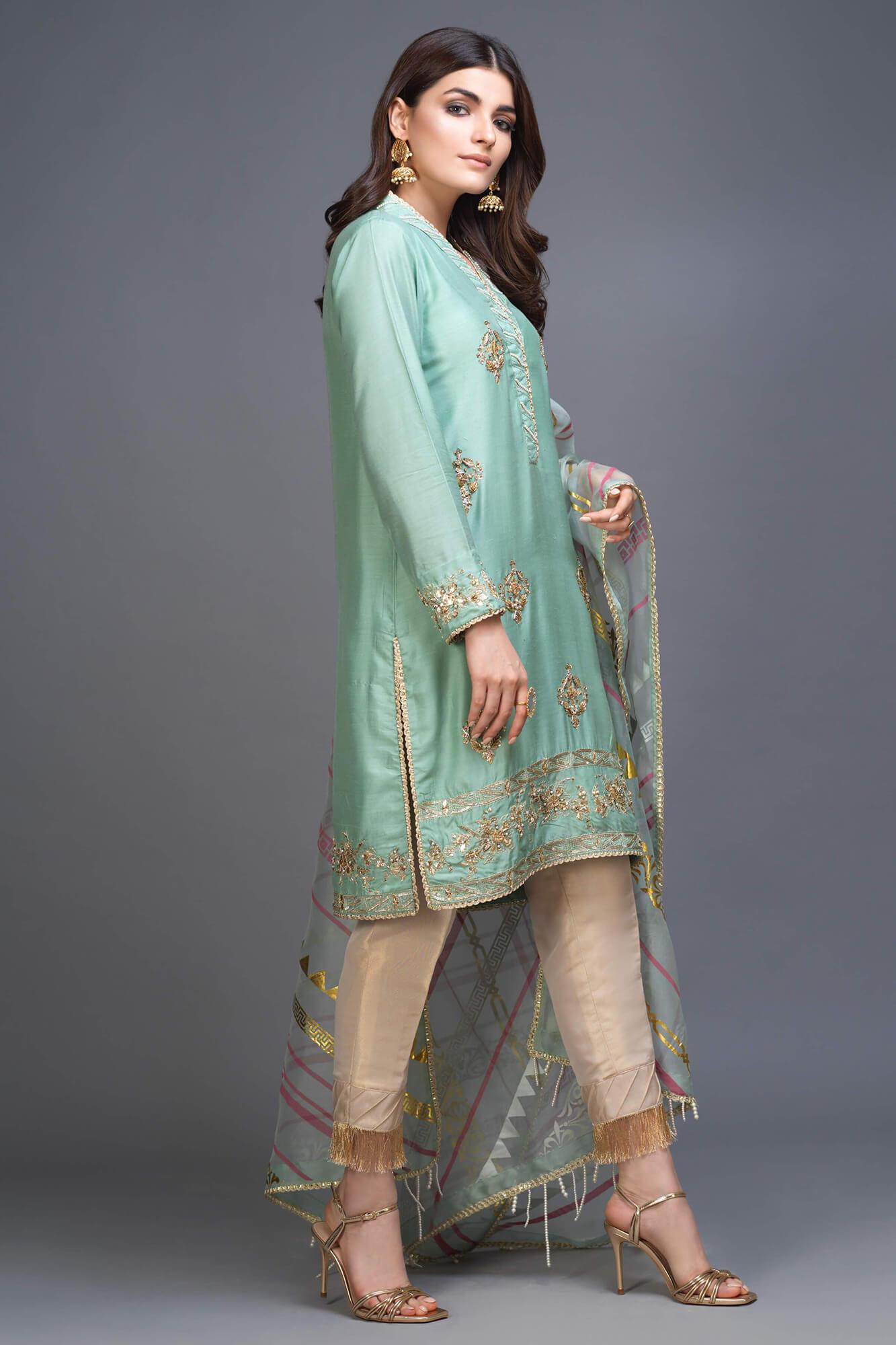 Mint Green Hand Embellished PK Raw Silk Salwar Kameez (3-Piece) - Image 4