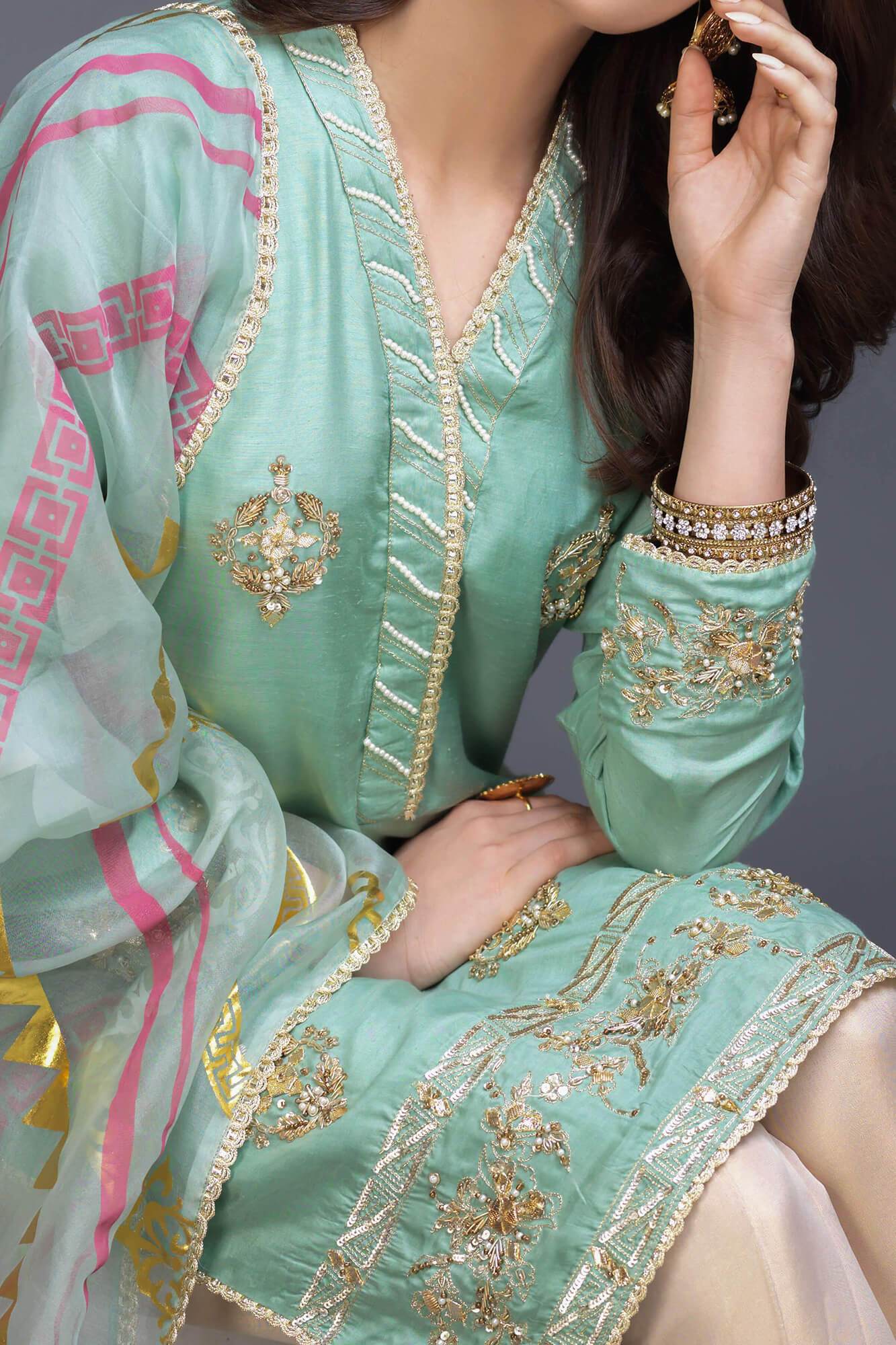Mint Green Hand Embellished PK Raw Silk Salwar Kameez (3-Piece) - Image 5