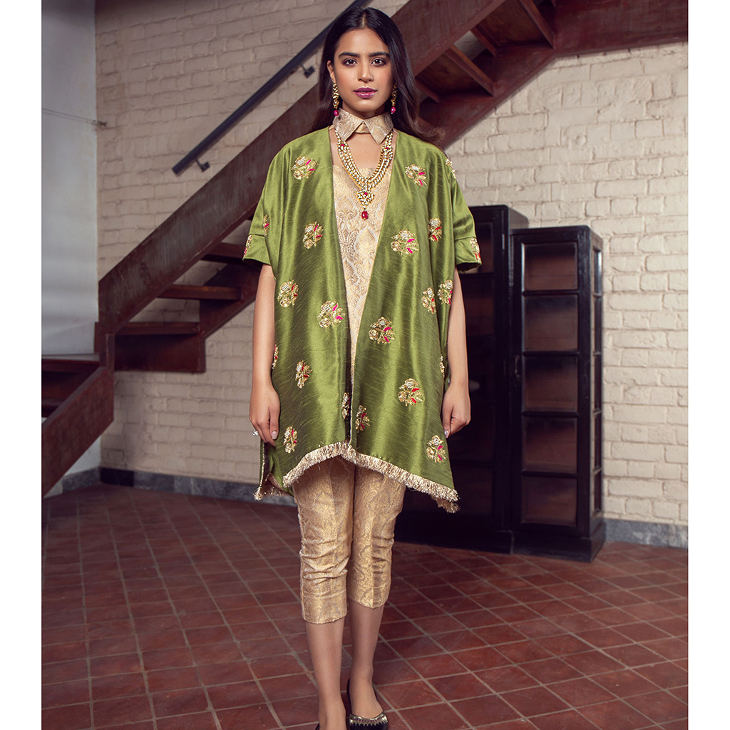 Vivid Green Hand-Embroidered Raw Silk Jacket (4-Piece) - Image 1