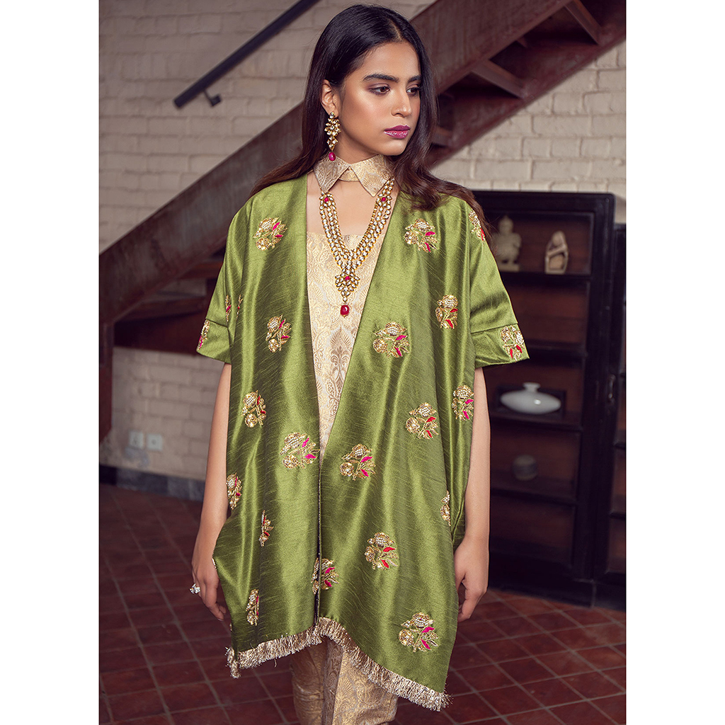 Vivid Green Hand-Embroidered Raw Silk Jacket (4-Piece) - Image 4