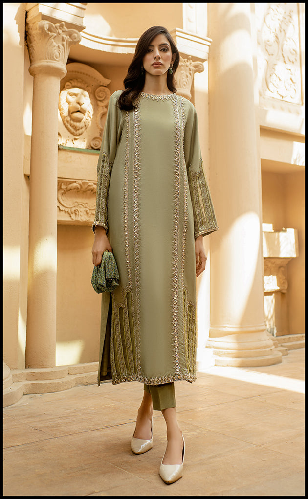 Sage Green Embroidered Pure Raw Silk Salwar Kameez (2-Piece) - Image 2