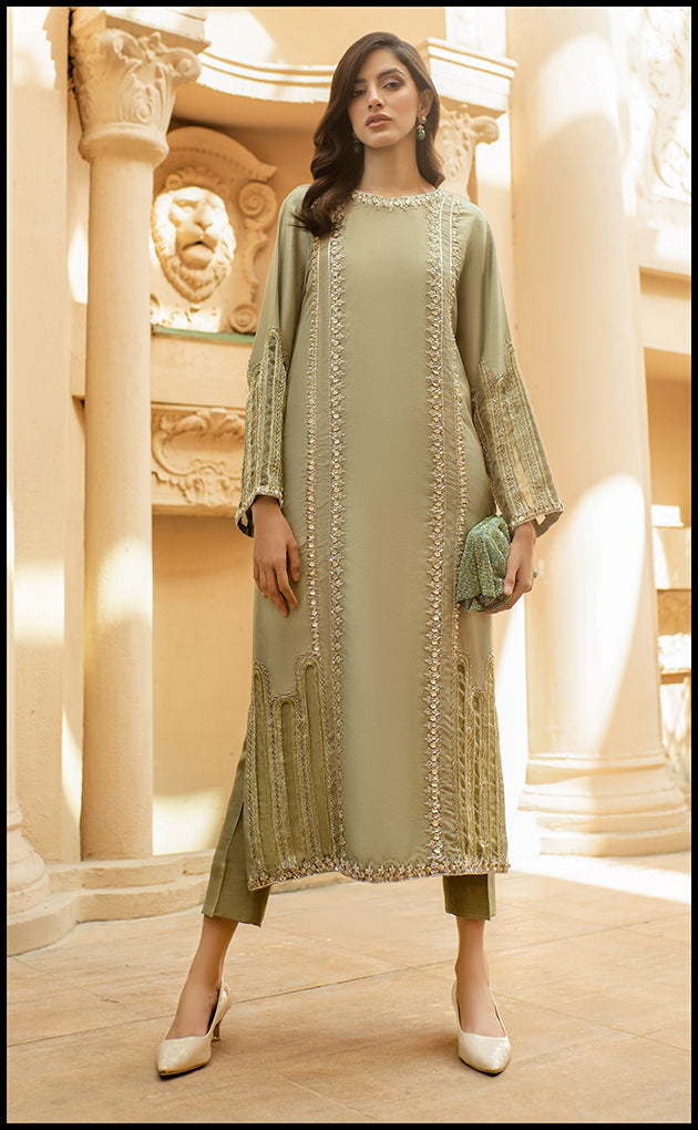 Sage Green Embroidered Pure Raw Silk Salwar Kameez (2-Piece) - Image 3