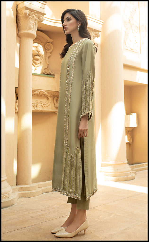 Sage Green Embroidered Pure Raw Silk Salwar Kameez (2-Piece) - Image 4