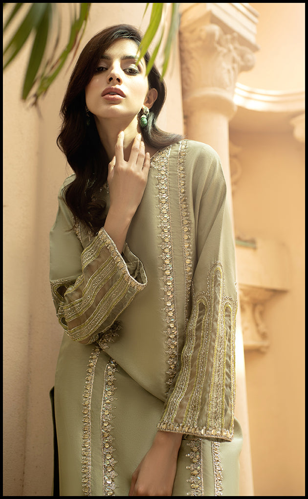 Sage Green Embroidered Pure Raw Silk Salwar Kameez (2-Piece) - Image 5
