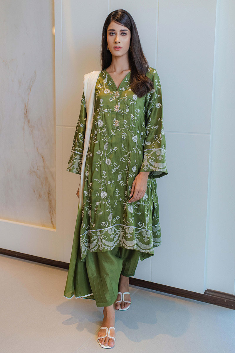 Pakistani Zaituni Olive Embroidered Raw Silk Salwar Kameez (3-Piece) - Image 1
