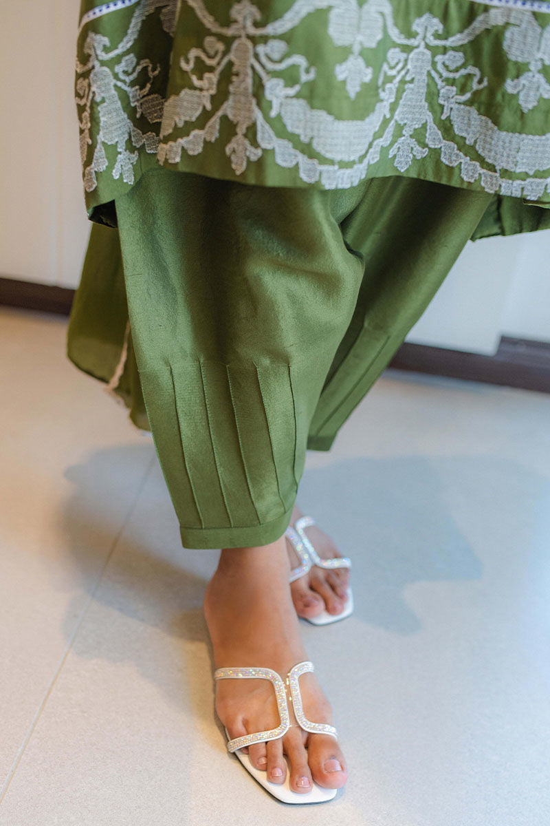 Pakistani Zaituni Olive Embroidered Raw Silk Salwar Kameez (3-Piece) - Image 6