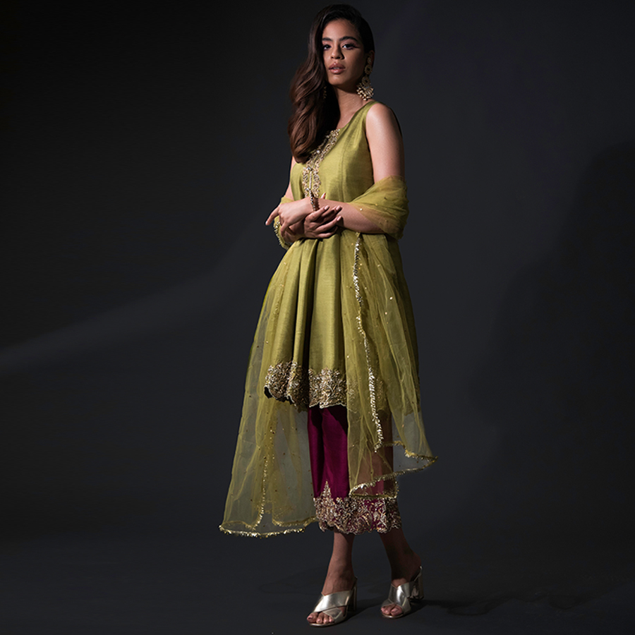 Lime Kaamdani Raw Silk Salwar Kameez (3-Piece) - Image 1