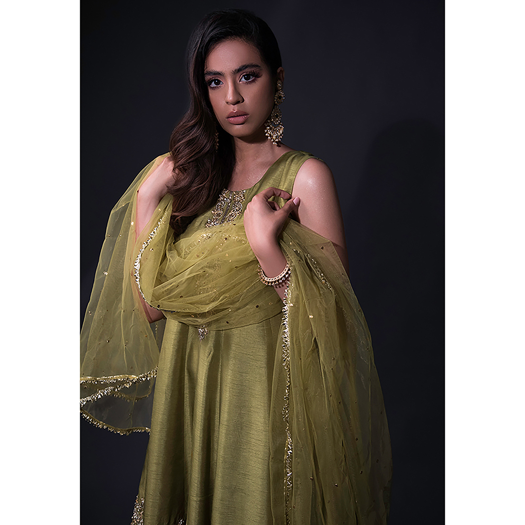 Lime Kaamdani Raw Silk Salwar Kameez (3-Piece) - Image 3