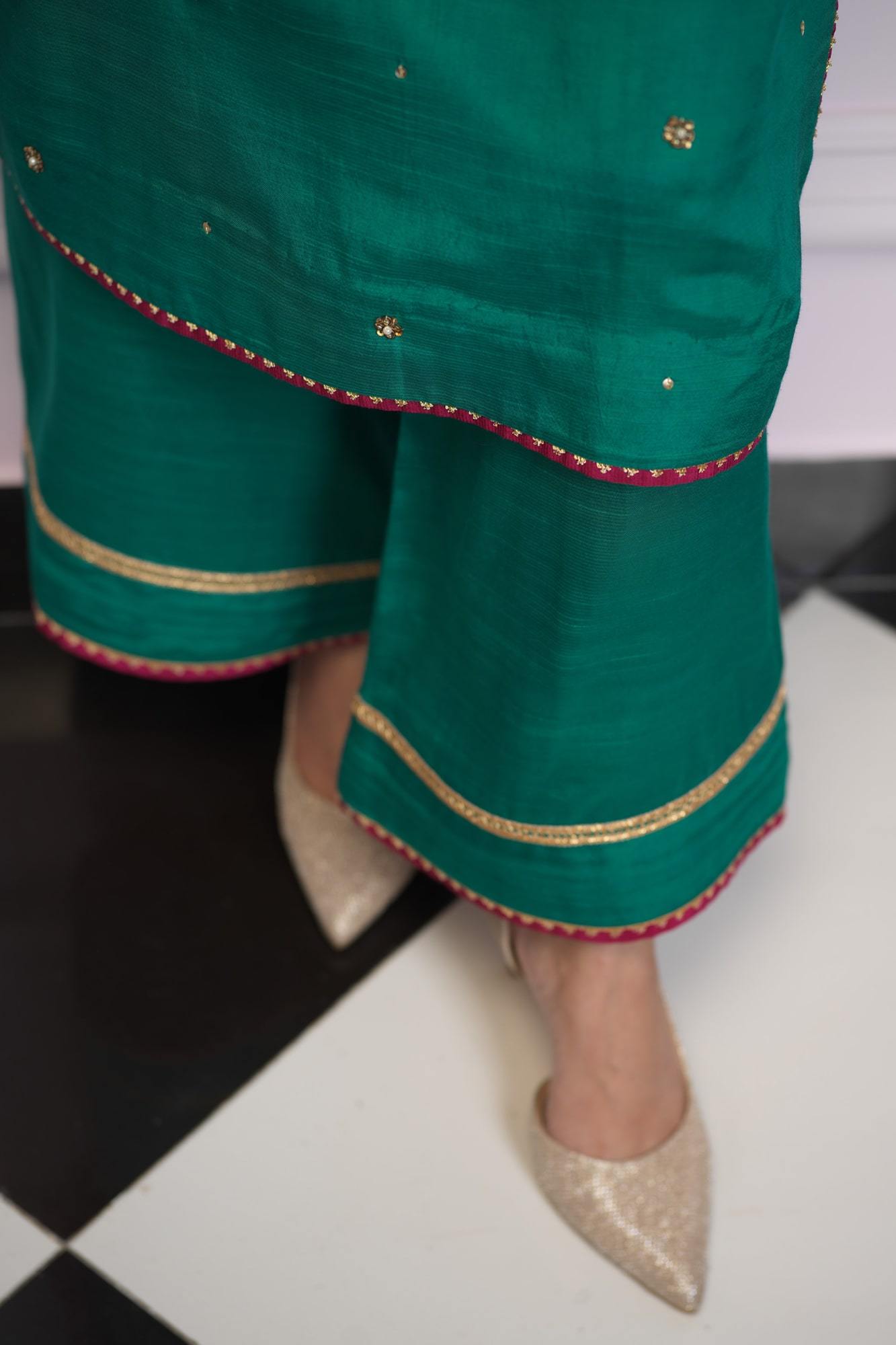 Bottle Green Embroidered Raw Silk Salwar Kameez (3-Piece) - Image 1