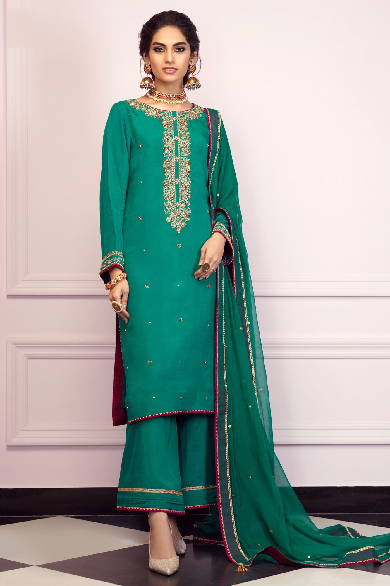 Bottle Green Embroidered Raw Silk Salwar Kameez (3-Piece) - Image 2