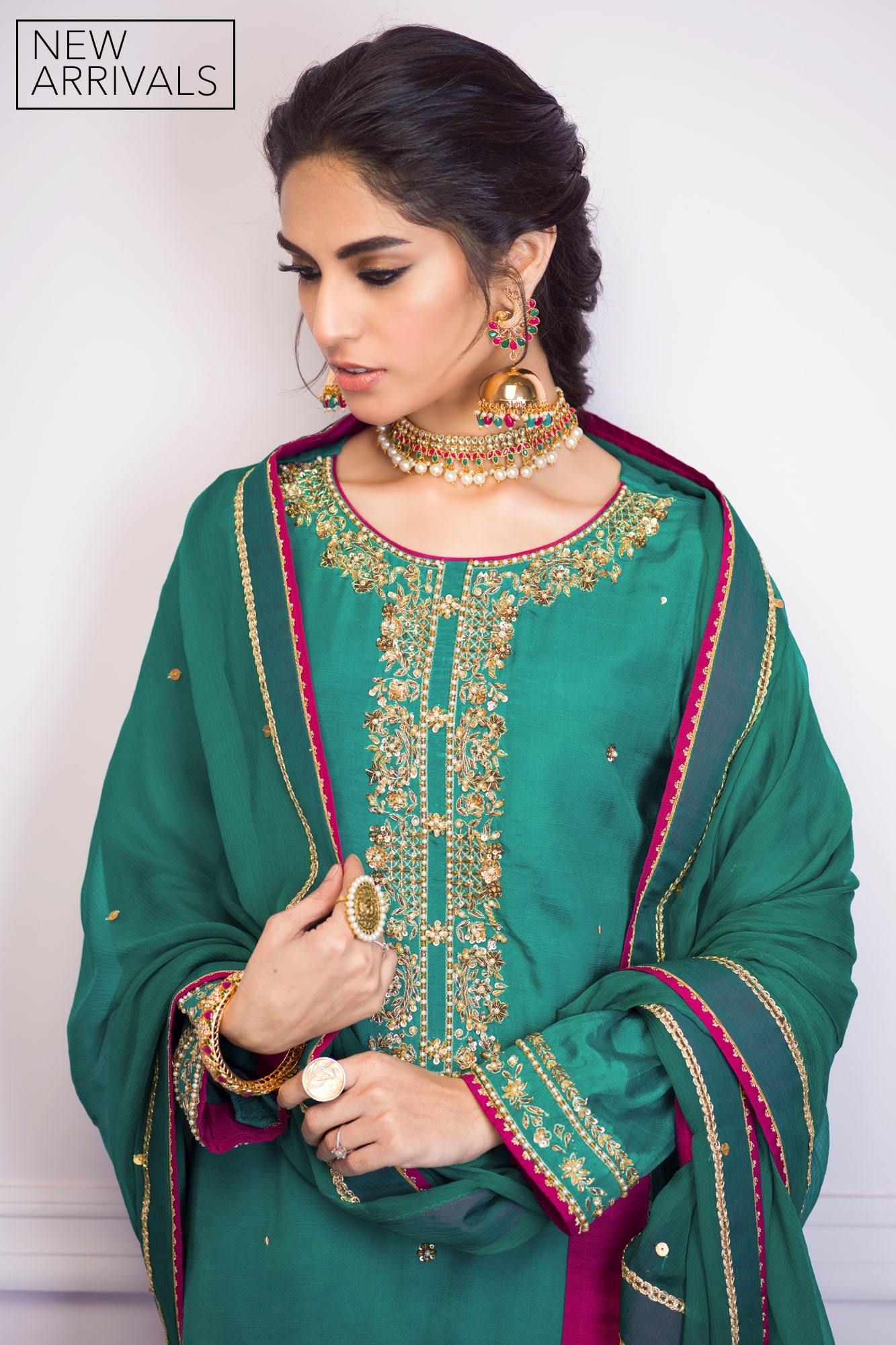 Bottle Green Embroidered Raw Silk Salwar Kameez (3-Piece) - Image 4