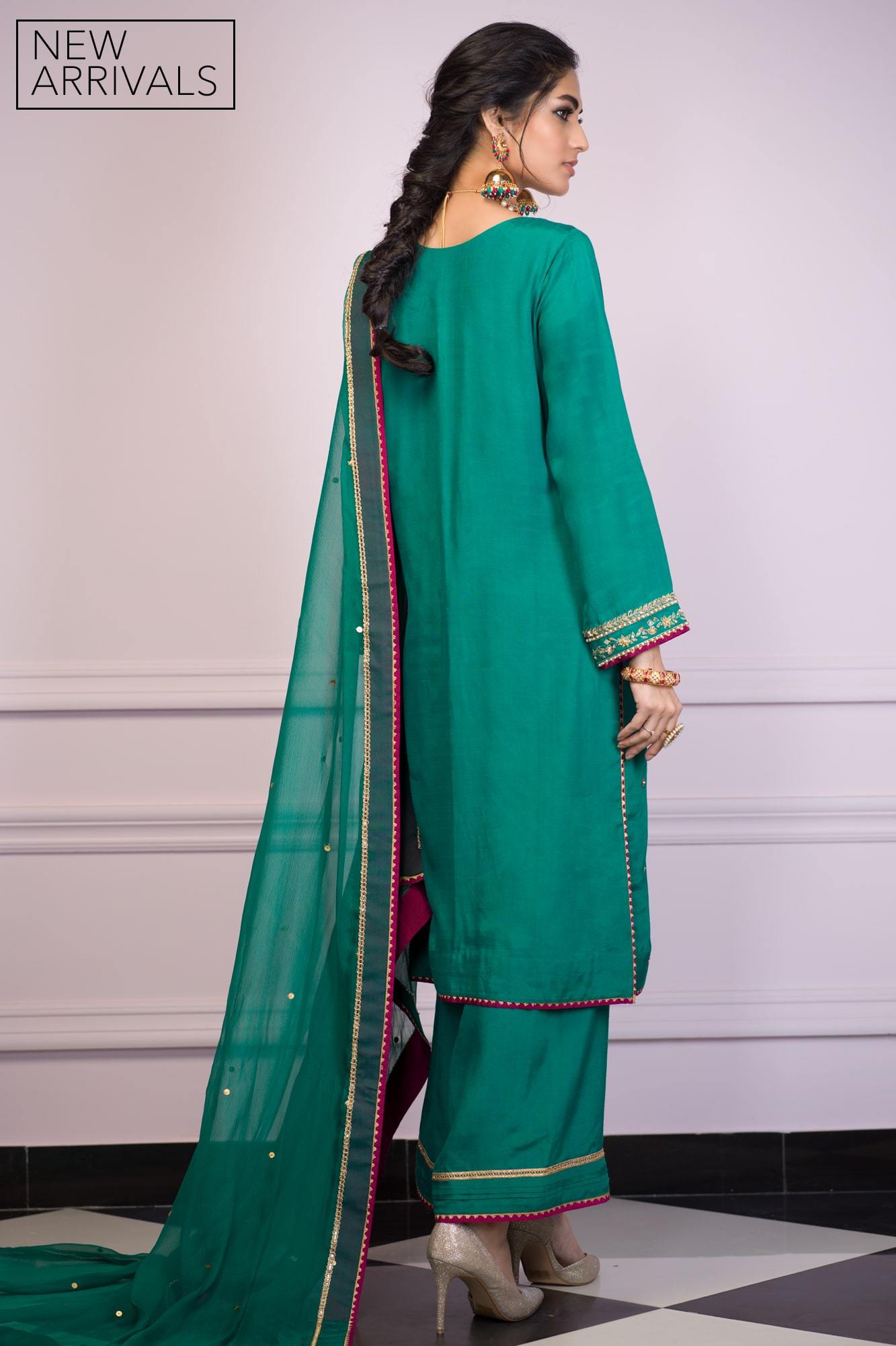 Bottle Green Embroidered Raw Silk Salwar Kameez (3-Piece) - Image 3