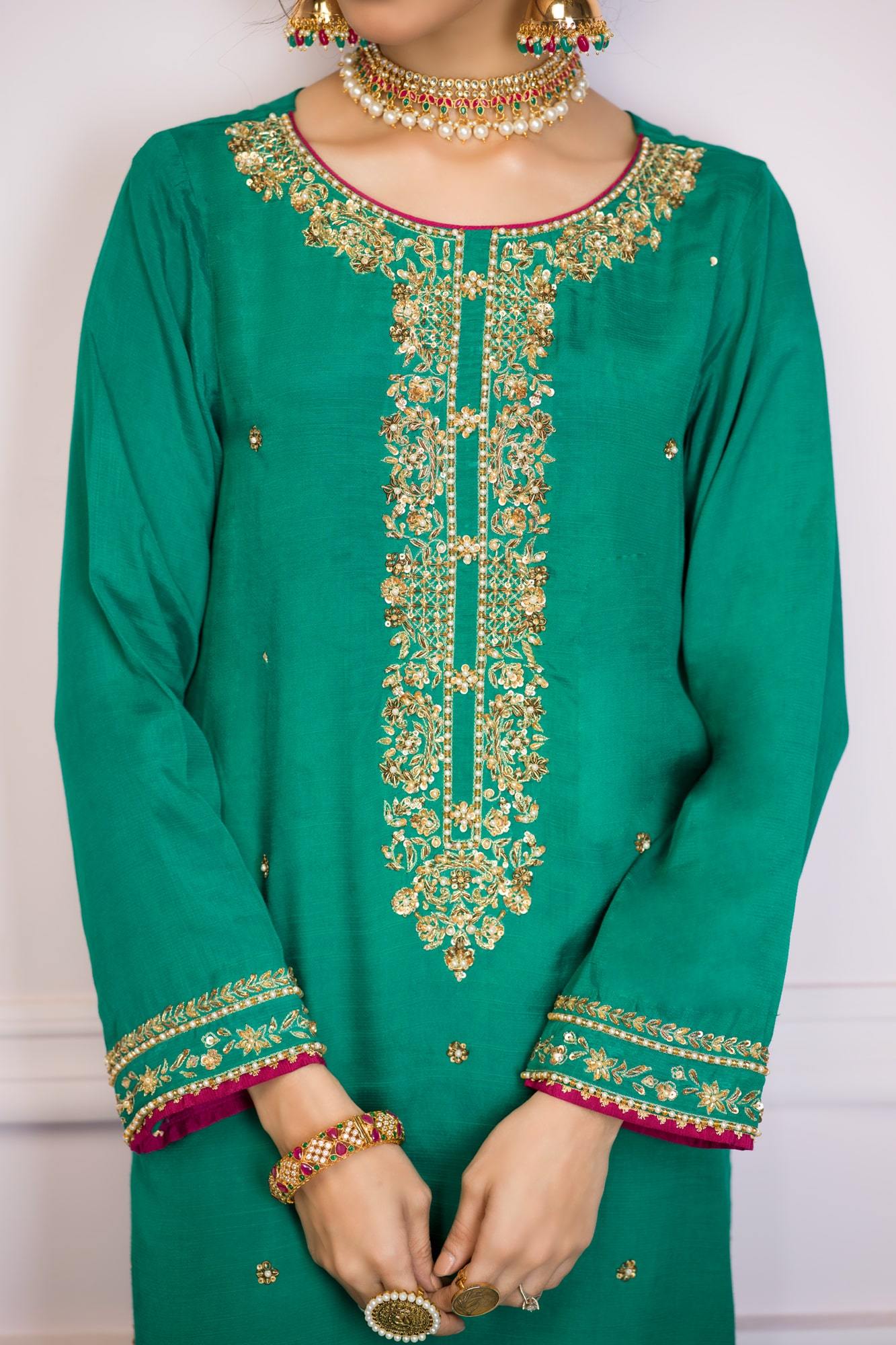 Bottle Green Embroidered Raw Silk Salwar Kameez (3-Piece) - Image 5