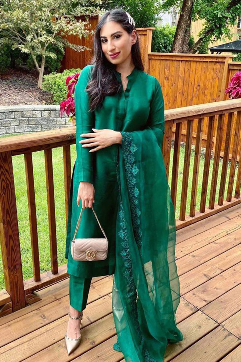 Pesto Green Lace-Edged Raw Silk Salwar Kameez (3-Piece) - Image 1