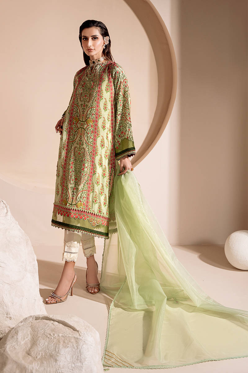 Apple Green Printed Raw Silk Salwar Kameez (3-Piece) - Image 1