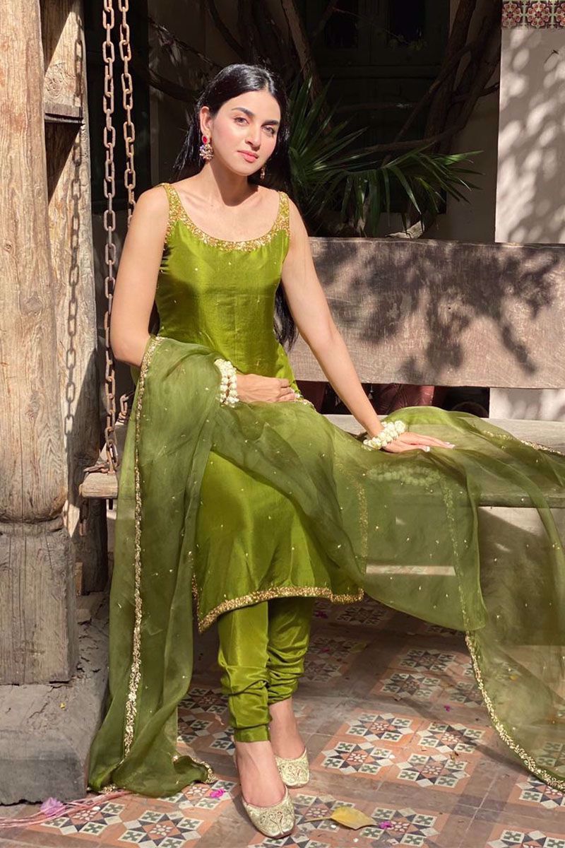Olive Green Embellished Raw Silk Salwar Kameez (3-Piece) - Image 1