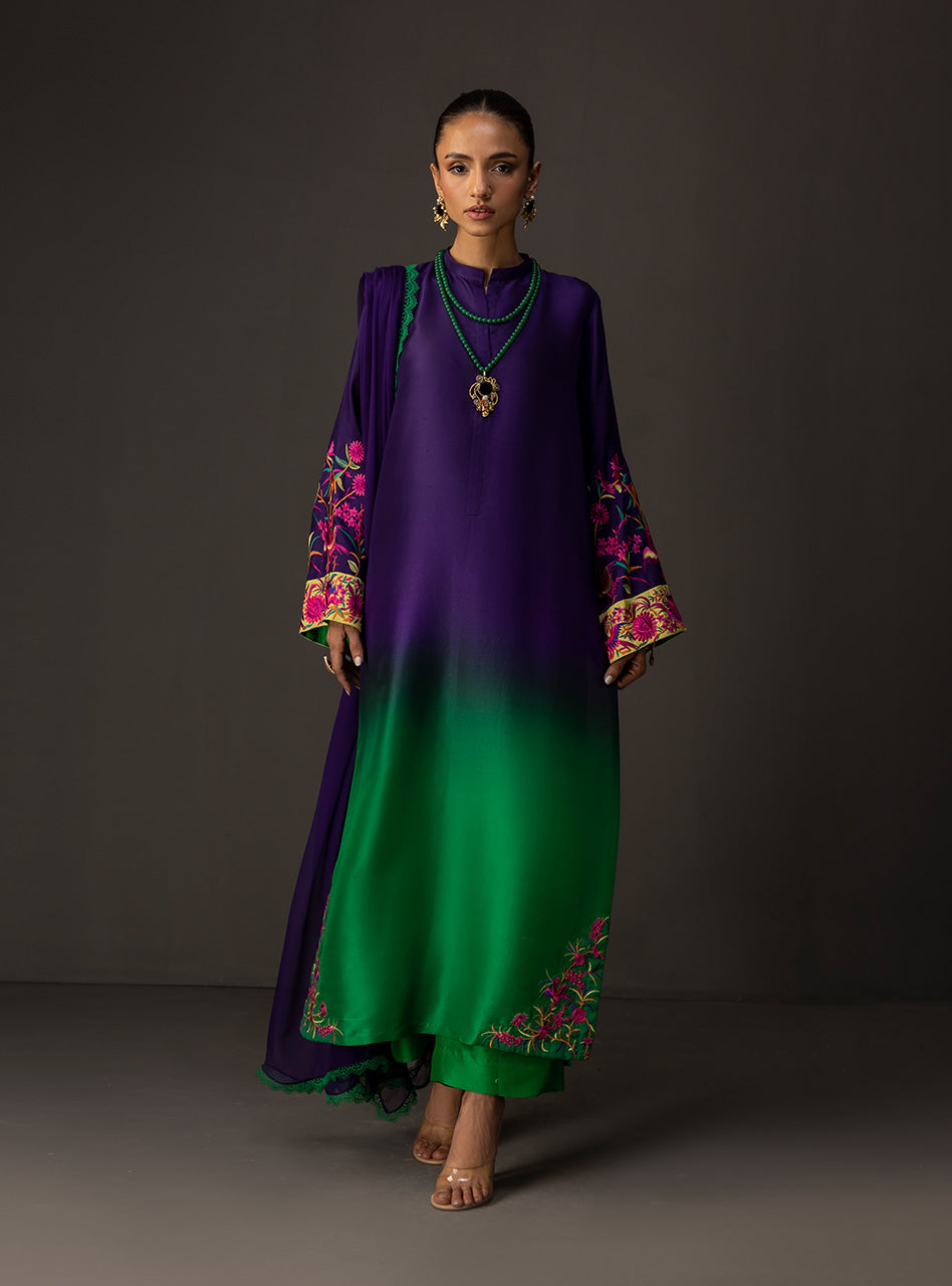 Pakistani Amethyst and Emerald Embroidered Raw Silk Salwar Kameez (3-Piece) - Image 1