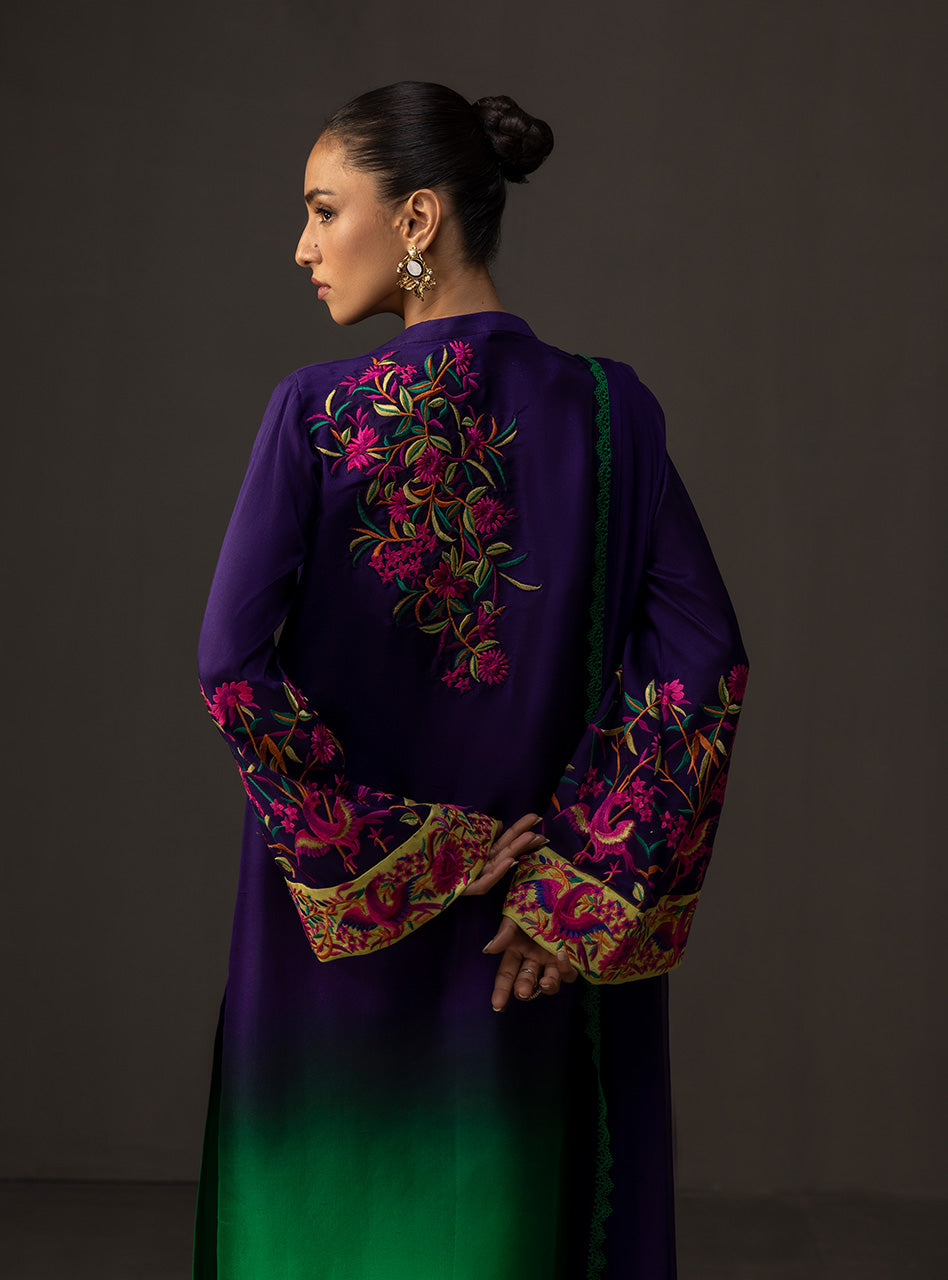 Pakistani Amethyst and Emerald Embroidered Raw Silk Salwar Kameez (3-Piece) - Image 3