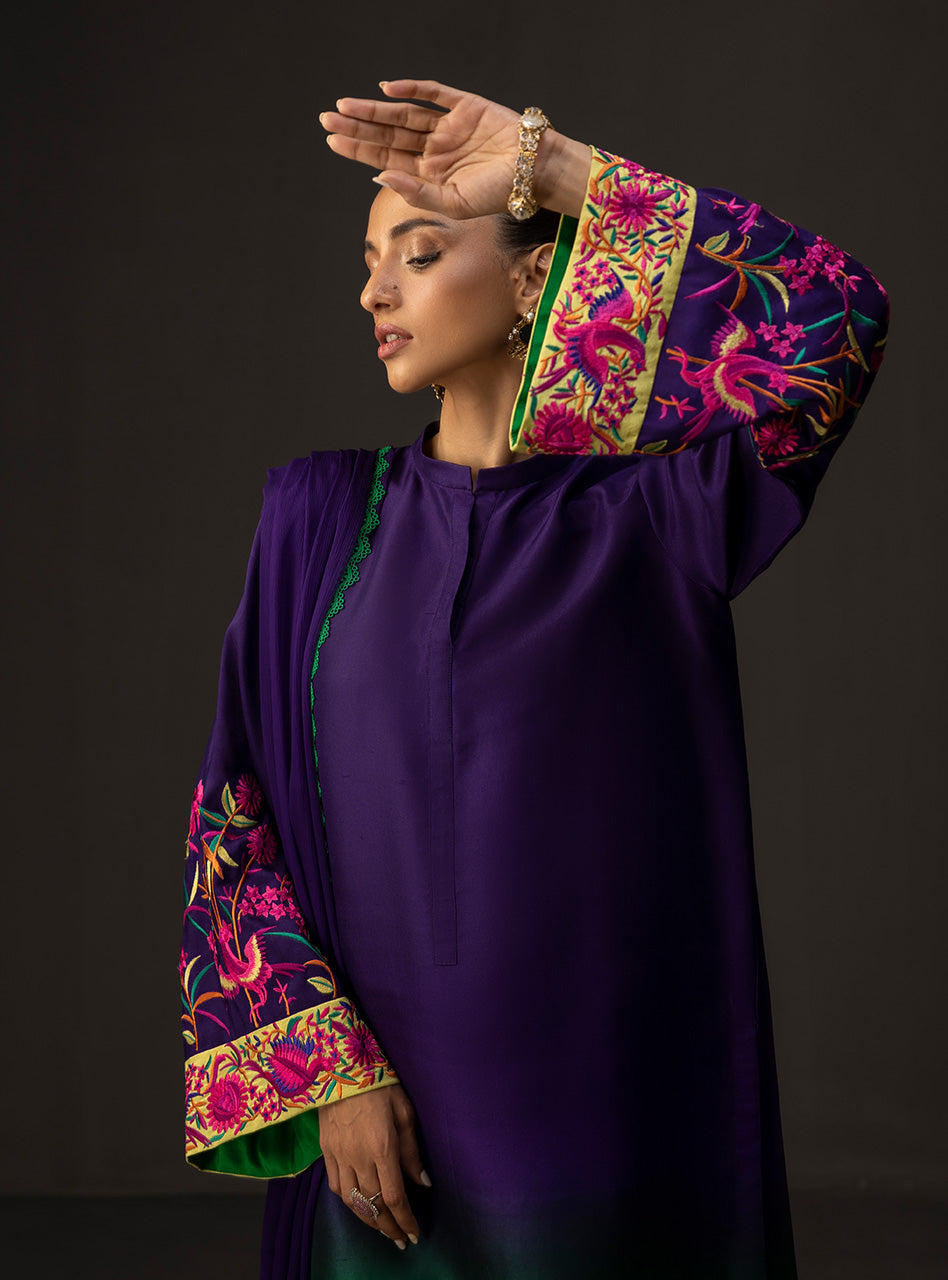 Pakistani Amethyst and Emerald Embroidered Raw Silk Salwar Kameez (3-Piece) - Image 5