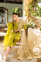 Pakistani Green Naqshi & Swarovski Raw Silk Salwar Kameez (3-Piece) - Image 3