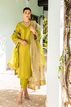 Pakistani Green Naqshi & Swarovski Raw Silk Kurta Set (3-Piece) - Image 1