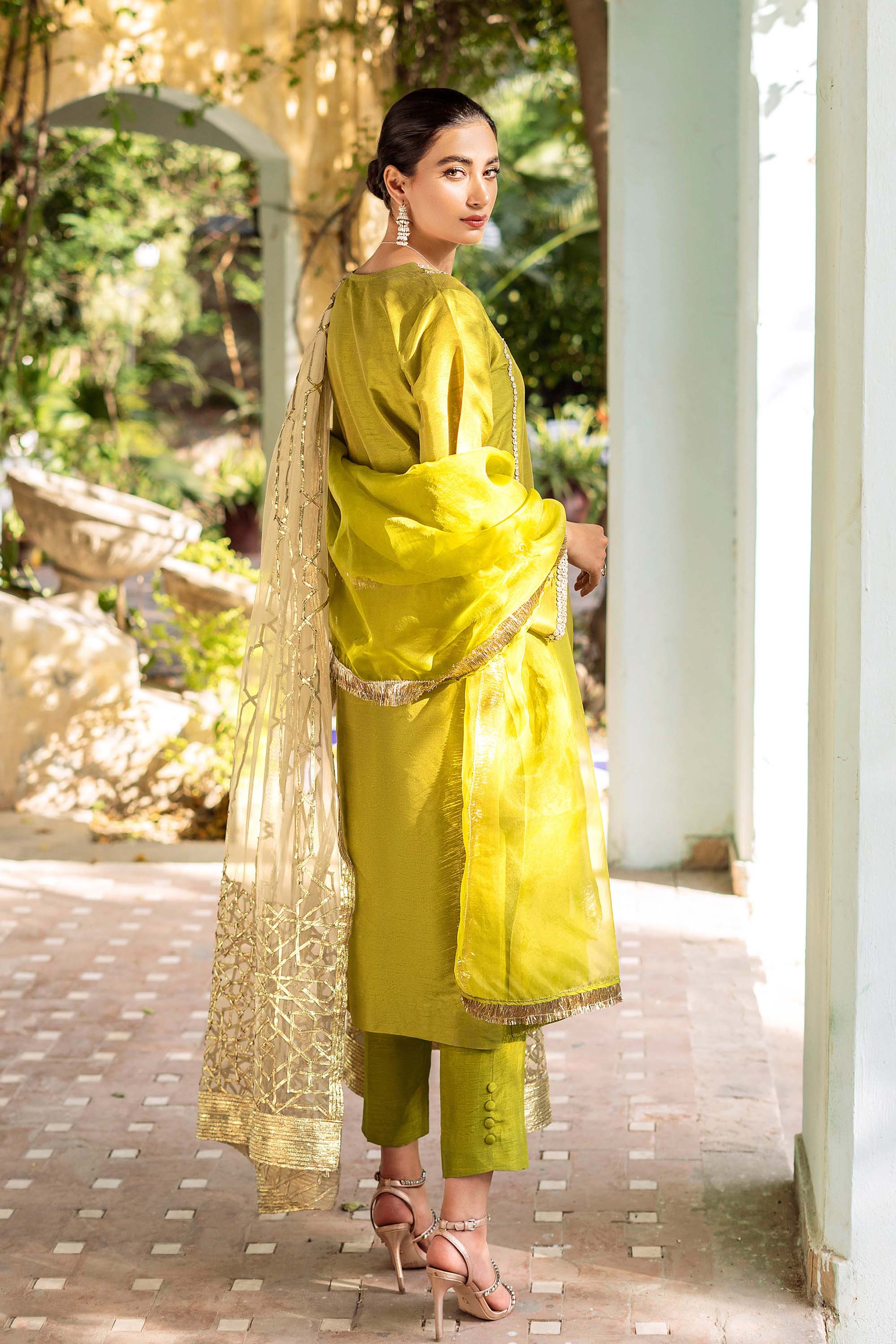 Pakistani Green Naqshi & Swarovski Raw Silk Kurta Set (3-Piece) - Image 6