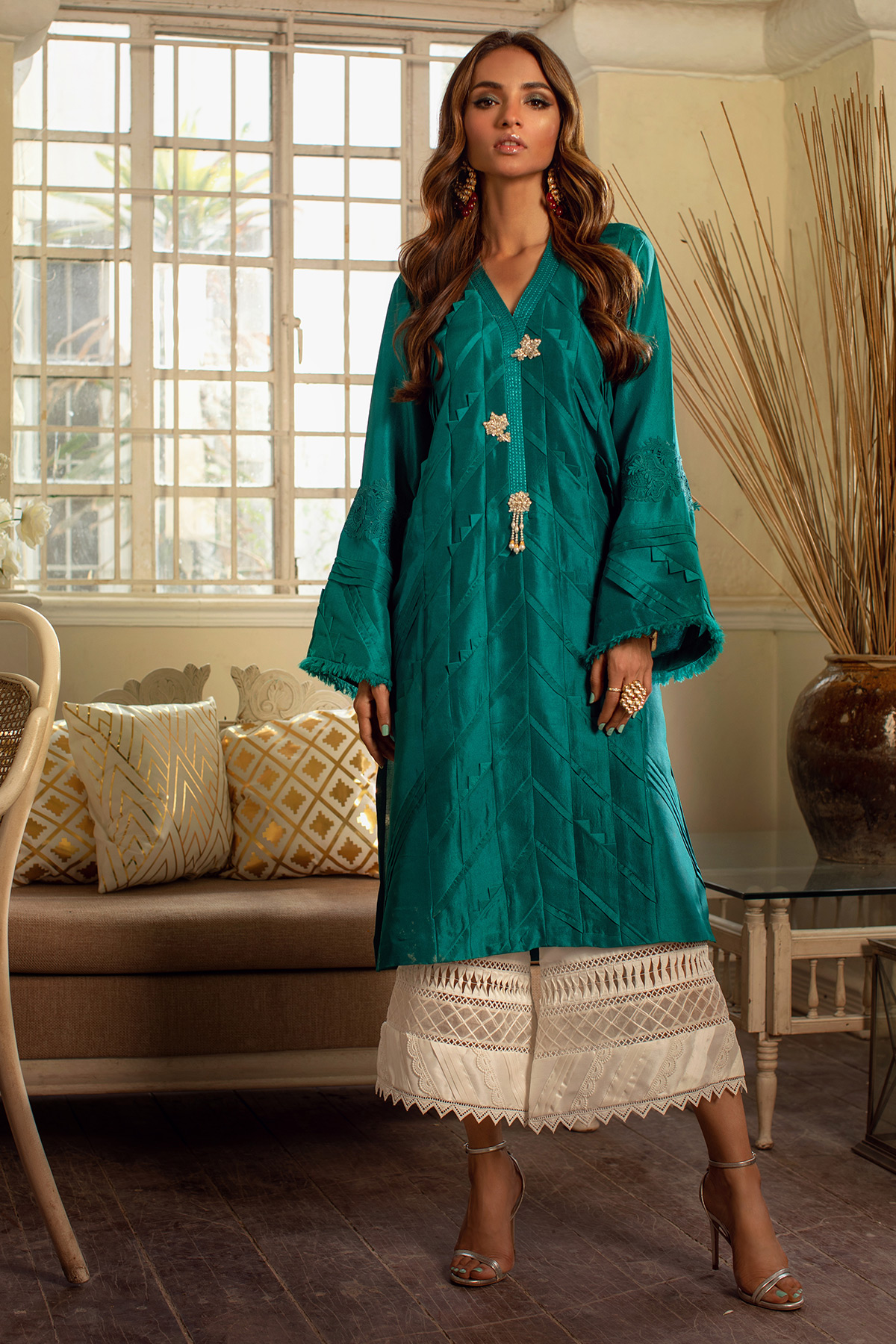 Pakistani Sea Moss Embellished Pure Raw Silk Long Shirt (2-Piece) - Image 2