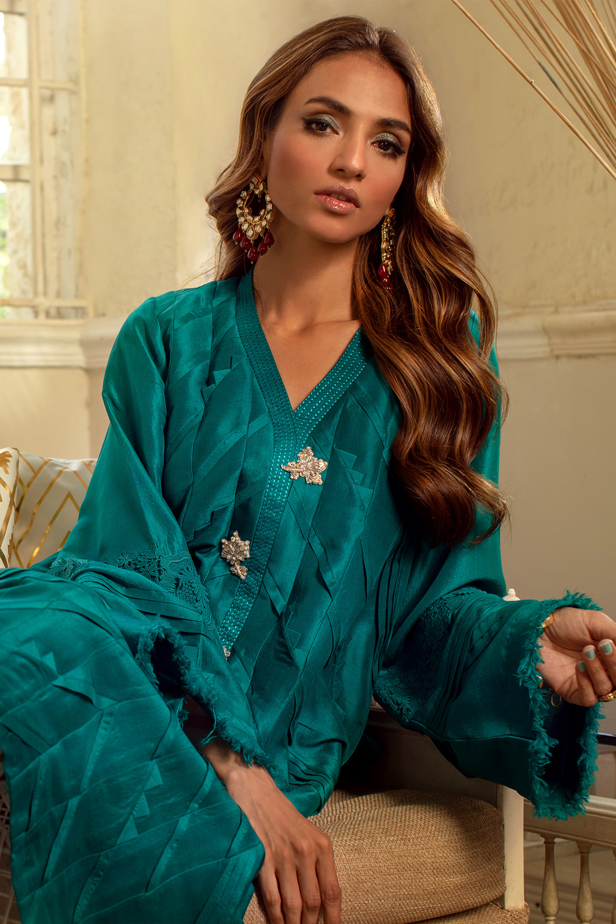Pakistani Sea Moss Embellished Pure Raw Silk Long Shirt (2-Piece) - Image 4