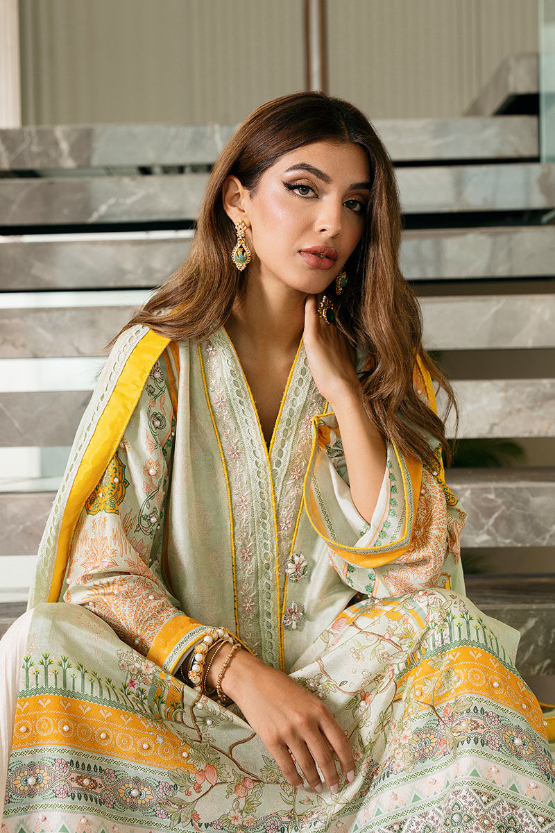 Mint Green Embroidered Raw Silk Salwar Kameez (3-Piece) - Image 10