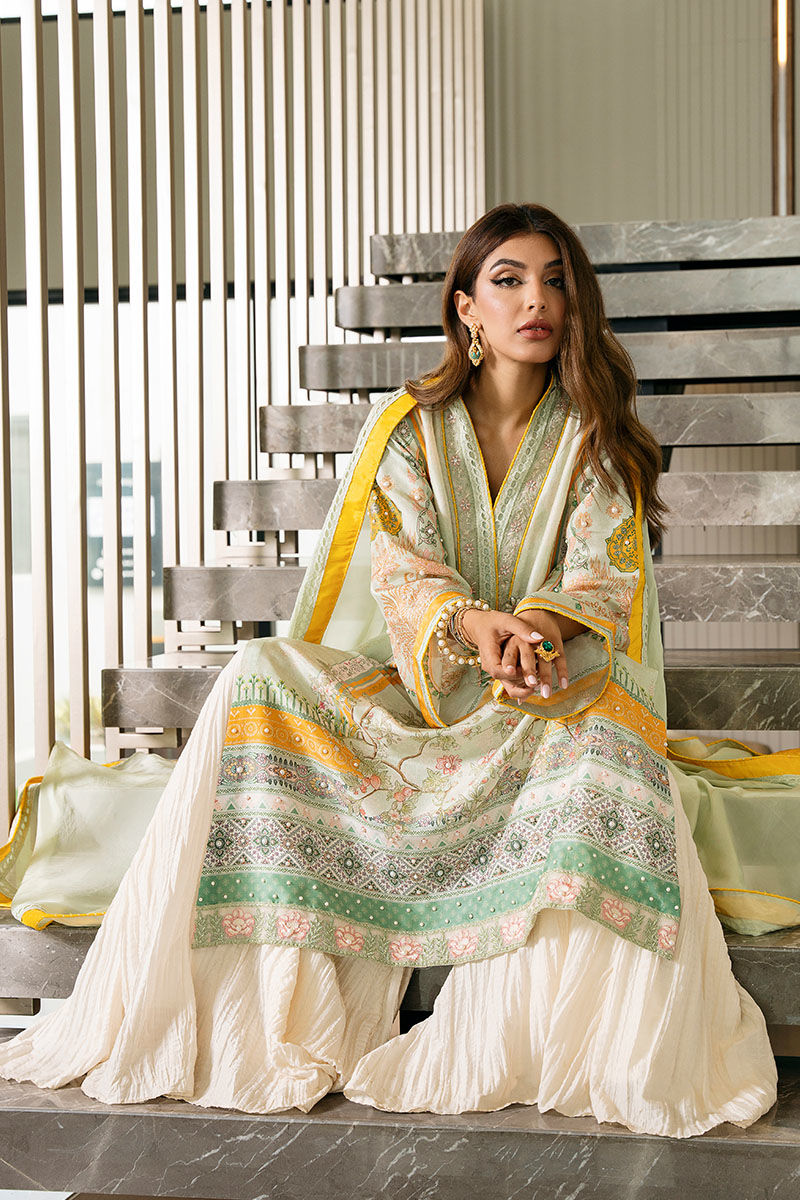Mint Green Embroidered Raw Silk Salwar Kameez (3-Piece) - Image 11