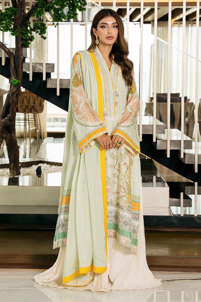 Mint Green Embroidered Raw Silk Salwar Kameez (3-Piece) - Image 2