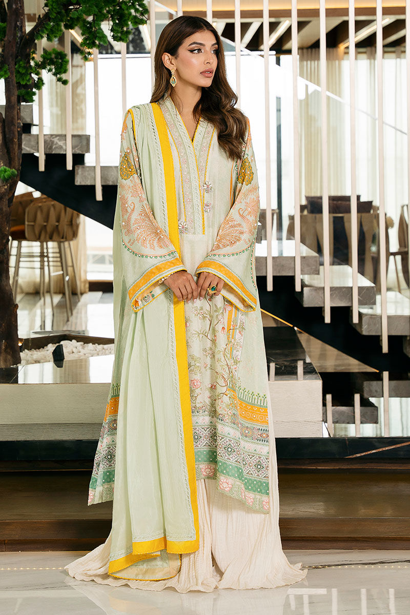 Mint Green Embroidered Raw Silk Salwar Kameez (3-Piece) - Image 4
