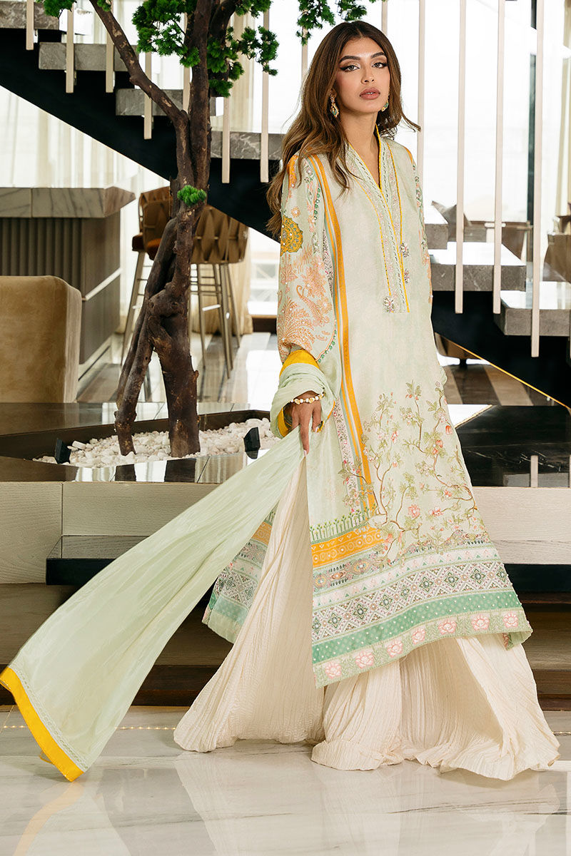 Mint Green Embroidered Raw Silk Salwar Kameez (3-Piece) - Image 7