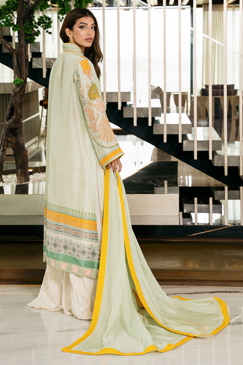 Mint Green Embroidered Raw Silk Salwar Kameez (3-Piece) - Image 8