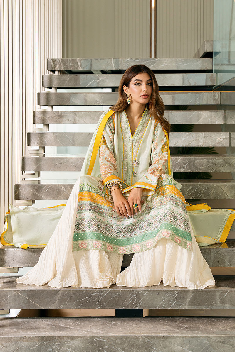 Mint Green Embroidered Raw Silk Salwar Kameez (3-Piece) - Image 9
