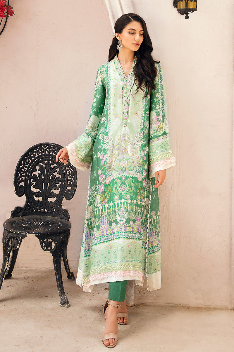 Pakistani Verdant & Mint Green Embellished Raw Silk Salwar Kameez (3-Piece) - Image 1