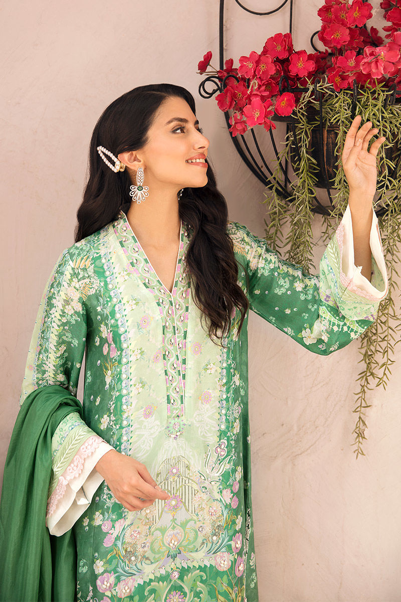 Pakistani Verdant & Mint Green Embellished Raw Silk Salwar Kameez (3-Piece) - Image 2