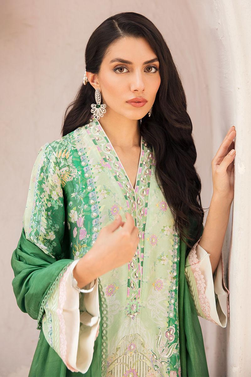 Pakistani Verdant & Mint Green Embellished Raw Silk Salwar Kameez (3-Piece) - Image 4