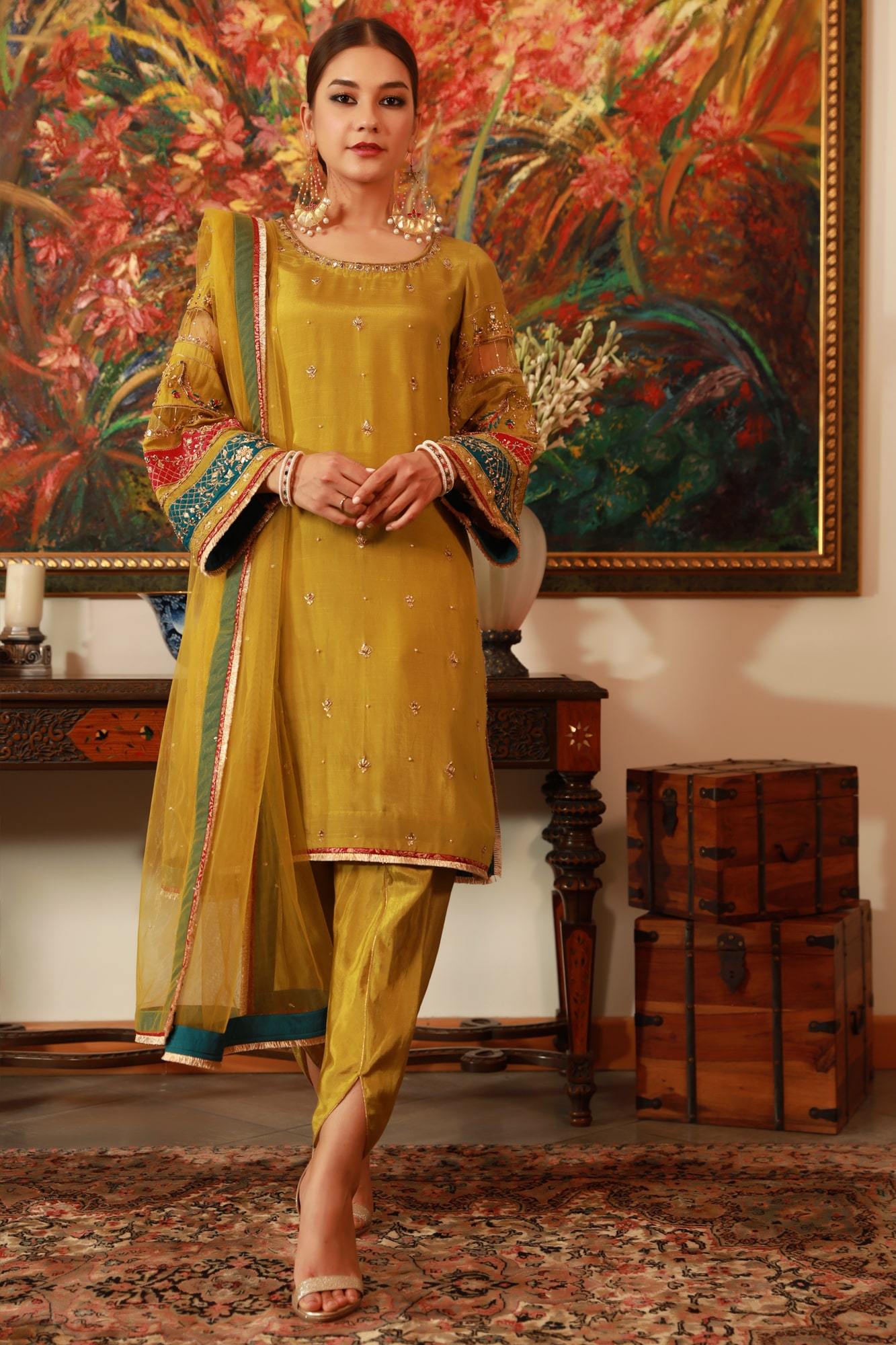 Apple Green Embroidered Raw Silk Salwar Kameez (3-Piece) - Image 2