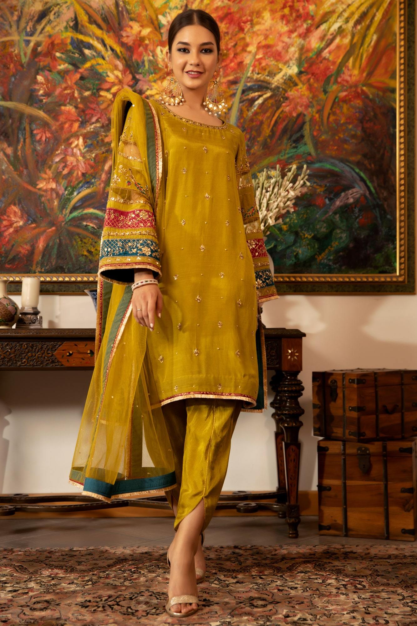 Apple Green Embroidered Raw Silk Salwar Kameez (3-Piece) - Image 3