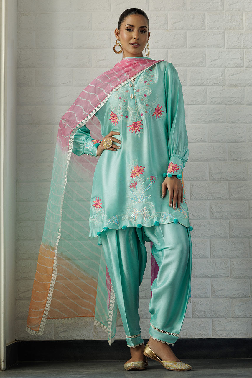 Sea Green Embroidered Raw Silk Salwar Kameez (3-Piece) - Image 1
