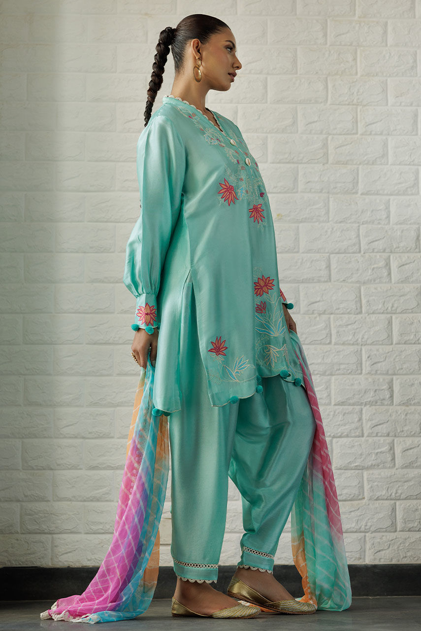 Sea Green Embroidered Raw Silk Salwar Kameez (3-Piece) - Image 2