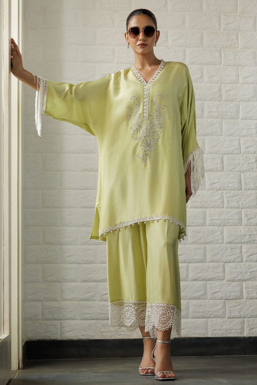 Lime Embroidered Raw Silk Salwar Kameez (2-Piece) - Image 1