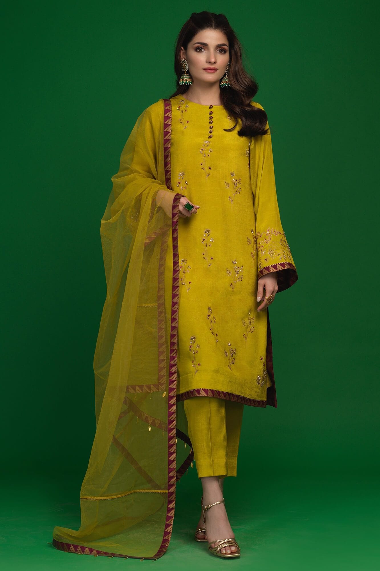 Lime Green Embroidered Raw Silk Salwar Kameez (3-Piece) - Image 2