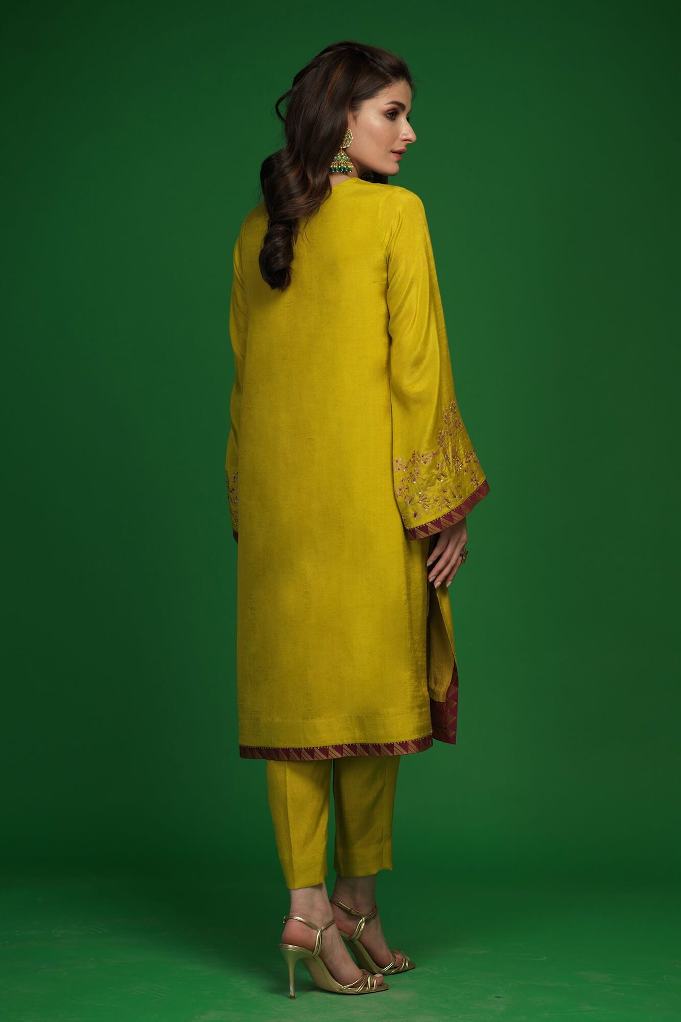 Lime Green Embroidered Raw Silk Salwar Kameez (3-Piece) - Image 3