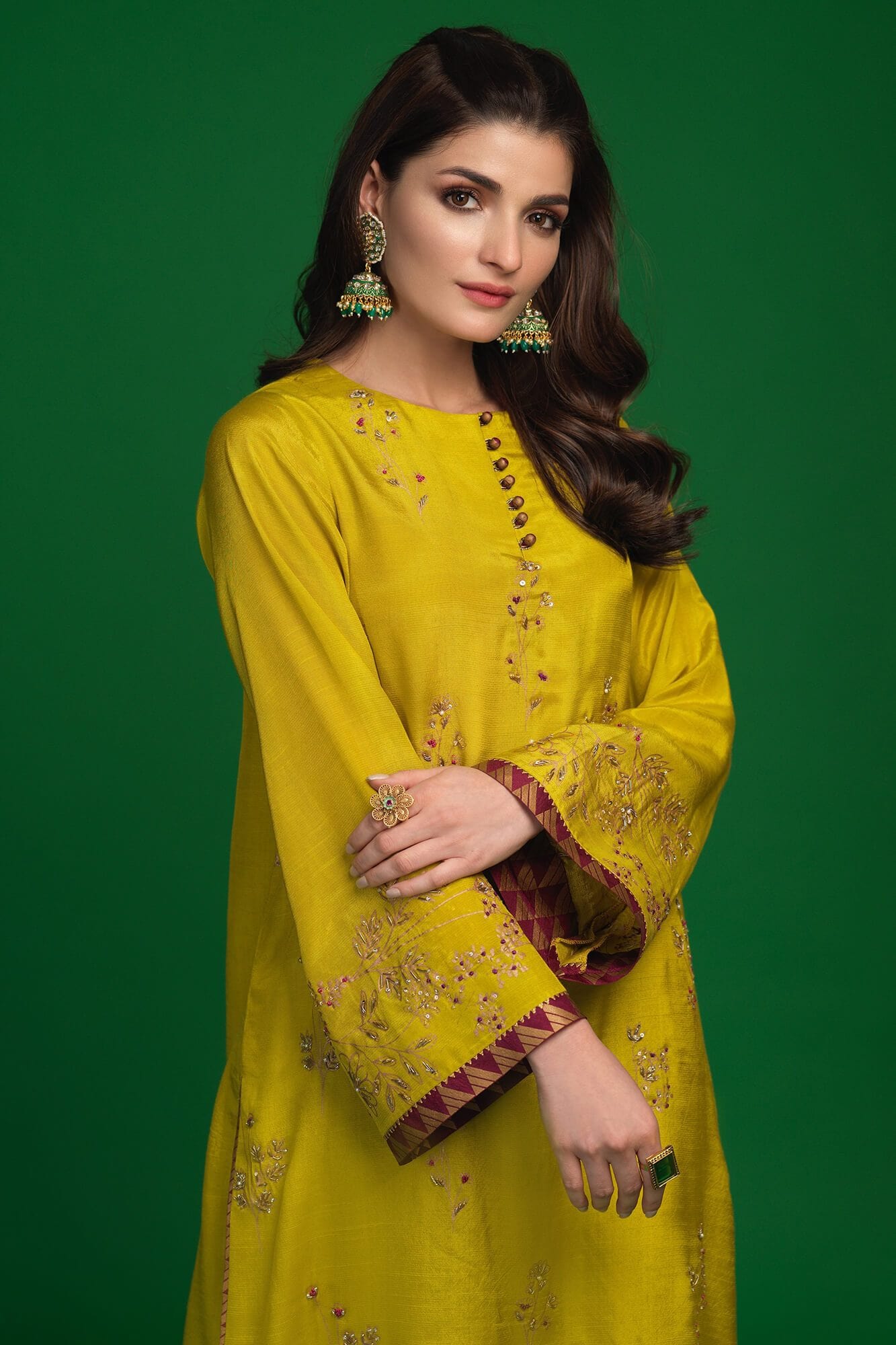 Lime Green Embroidered Raw Silk Salwar Kameez (3-Piece) - Image 4