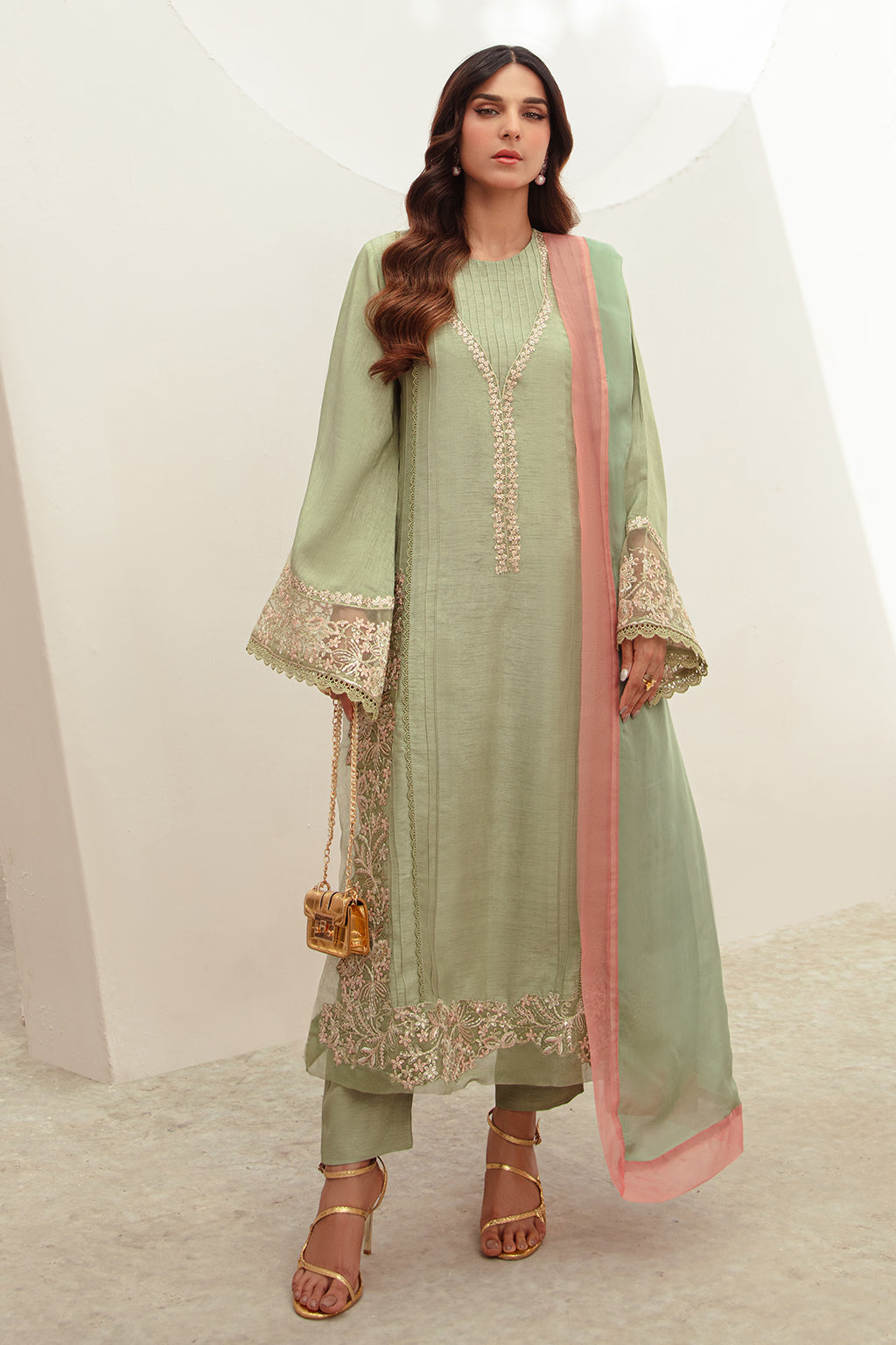 Mint Green Embroidered Korean Raw Silk Salwar Kameez (3-Piece) - Image 1