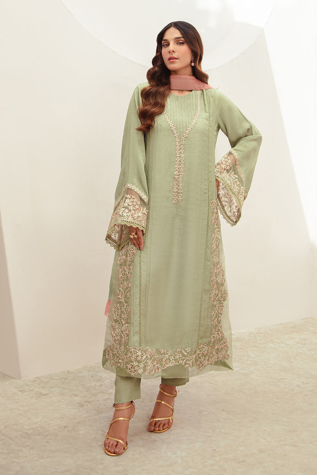 Mint Green Embroidered Korean Raw Silk Salwar Kameez (3-Piece) - Image 2