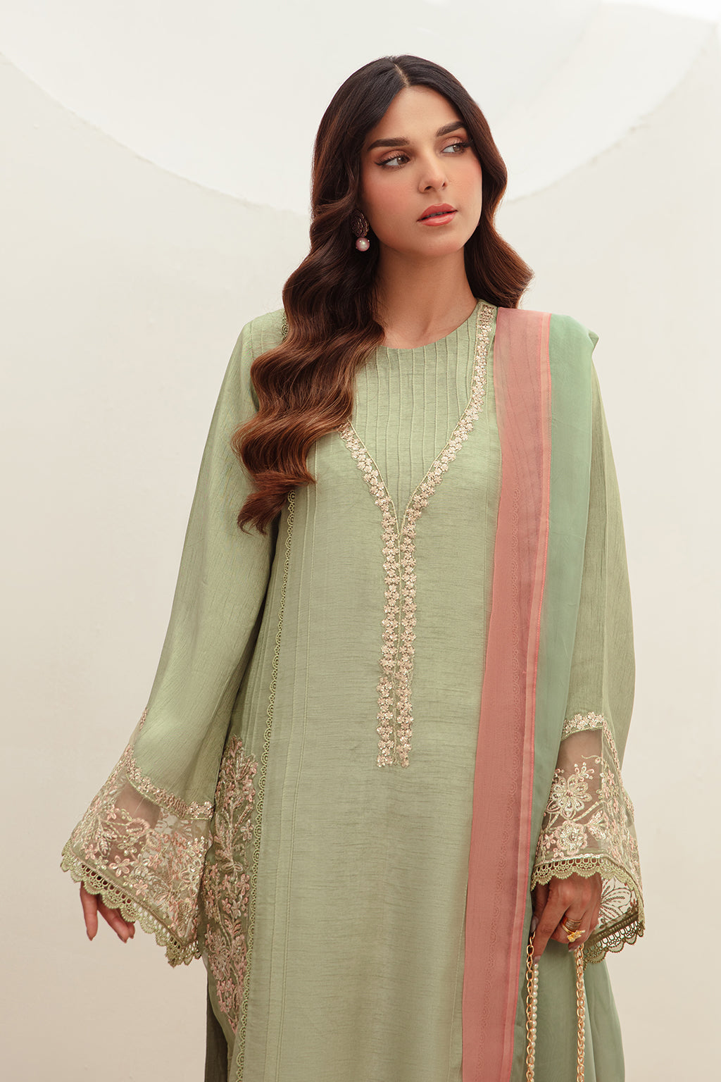 Mint Green Embroidered Korean Raw Silk Salwar Kameez (3-Piece) - Image 3